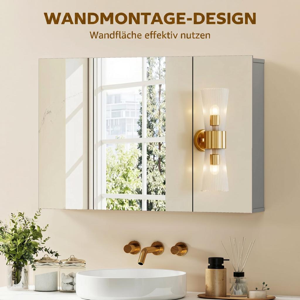 Wall-Mounted Bathroom Mirror Cabinet, Medicine Cabinet with 3 Doors, Adjustable Shelves, Grey