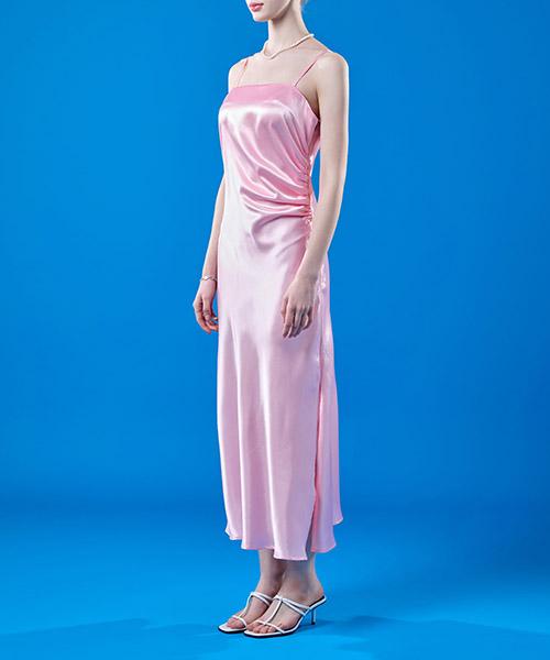 KOLEAT Summer Shirred Maxi Slim Silk Sleeveless Dress [Pink] Layered Dress Ver.