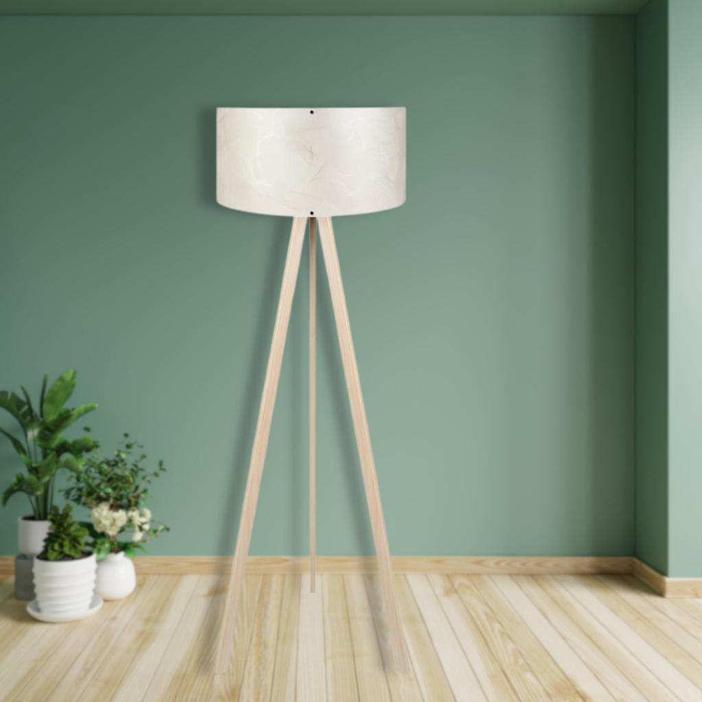 Pratik Ahşap Krem Üç Ayaklı Lambader Krem Dallı Pvc Silindir Başlık Salon Yatak Odası Köşe Lambası