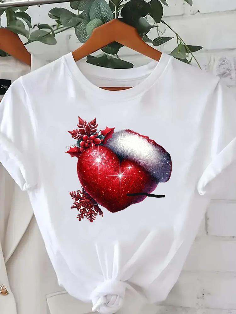 (Asian Size) Short Sleeve T-shirts  Print merry Christmas o-neck festival lovely Women's Top new year T Clothing Fashion holiday Graphic Tee