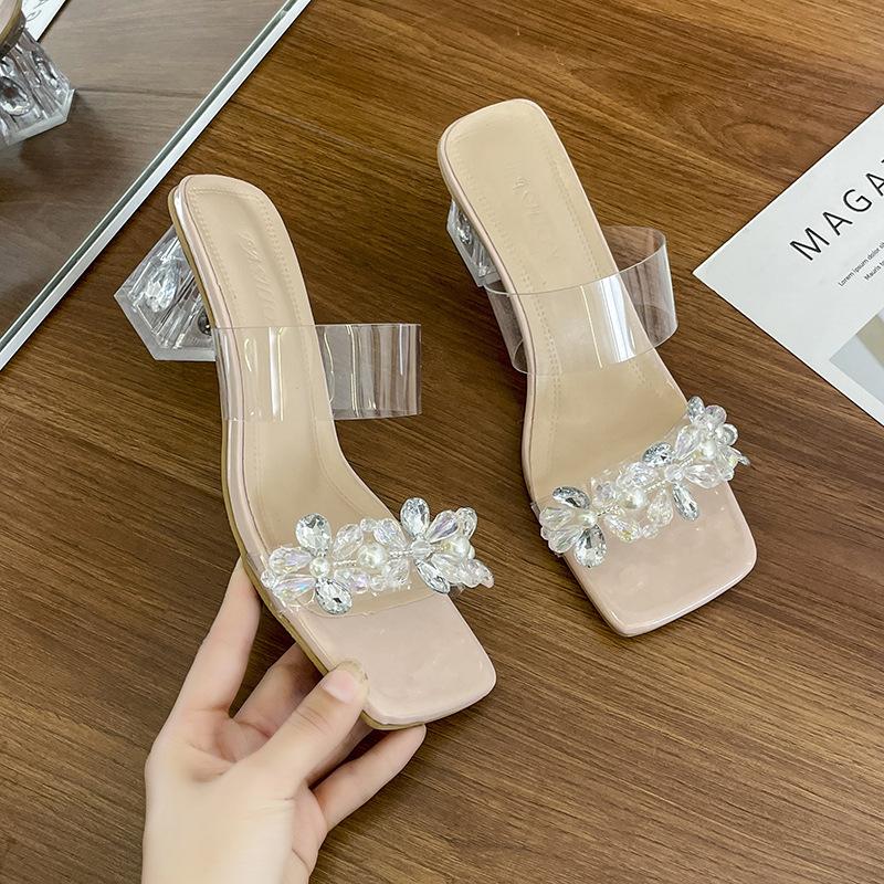 High Heels Women's New Transparent Sandals In the Summer of 2024 Women's Versatile Thick-heeled Rhinestone Crystal High-heeled Slippers