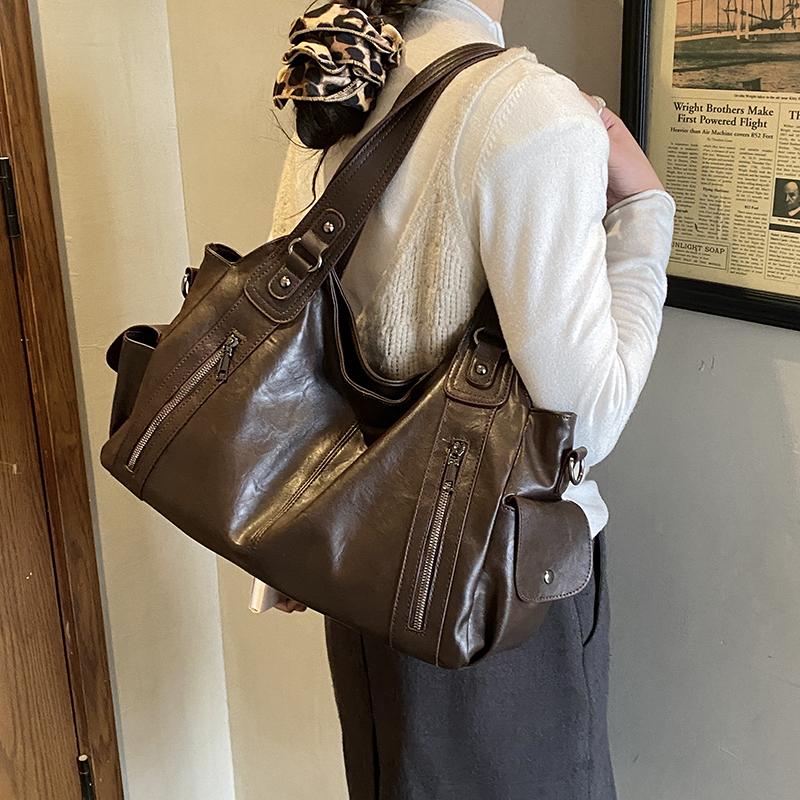 PU Tote Bag Women's Large Capacity Shoulder Handbag with Zip Pockets Casual Fashion Everyday Carry Bag