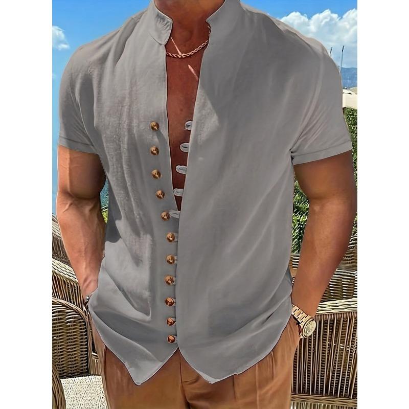 Men Vintage Button Stand Collar Short Sleeve Casual Cotton Summer Shirt
