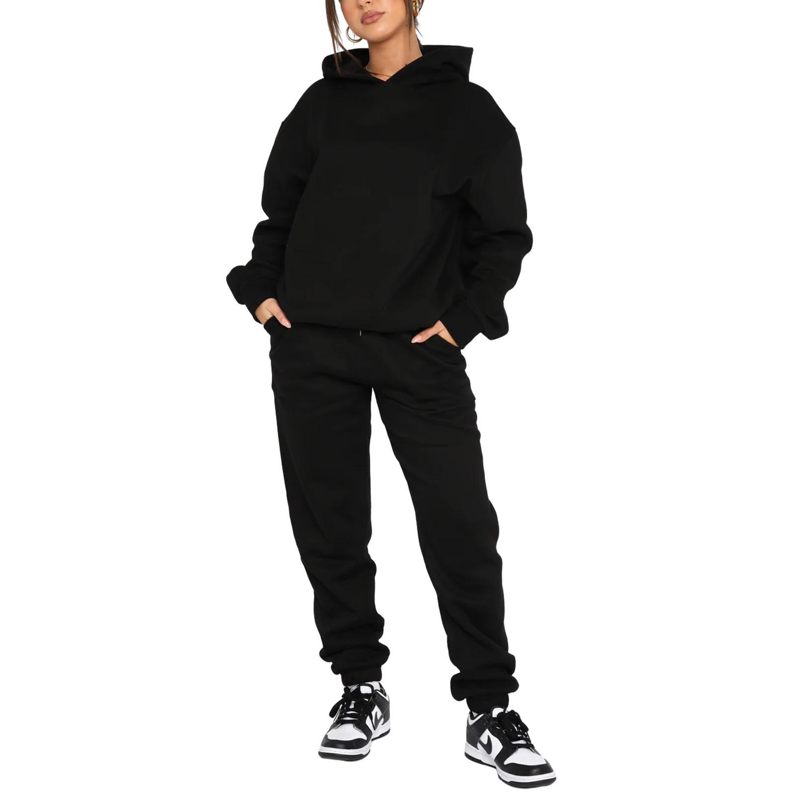 

Women s Sets Solid Color Long-sleeved Hooded Sweatshirt Casual Pant 2-piece Set Clothes Sale S чёрный