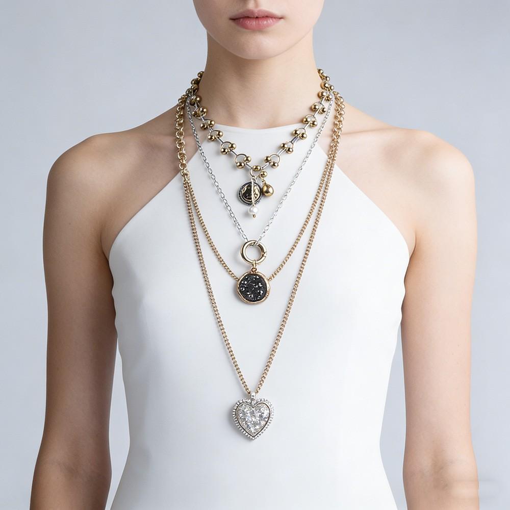 Women Multi Layer Stacked Necklace Two Tone Gold Silver Beaded Chain Rhinestone Heart Pendant Statement Necklace