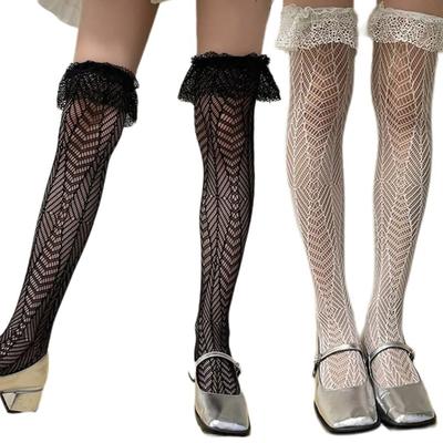 Japanese Style Geometric Fishnet Thigh High Stockings for Women Elegant Ruffle Lace Trim Solid Frilly Over Knee Sock