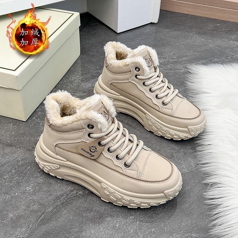 Women Ankle Boots Winter Waterproof High-top Shoes Non-slip Plush Warm Boots Ladies Lace-up Outdoor Hiking Sneakers Flat Botas