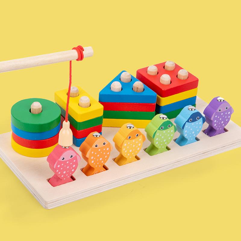 

Children S Wooden Three-Dimensional Fishing Set Column 2-In-1 Montessori Early Education Puzzle Shape Cognition Pairing Six Sets Of Column Building