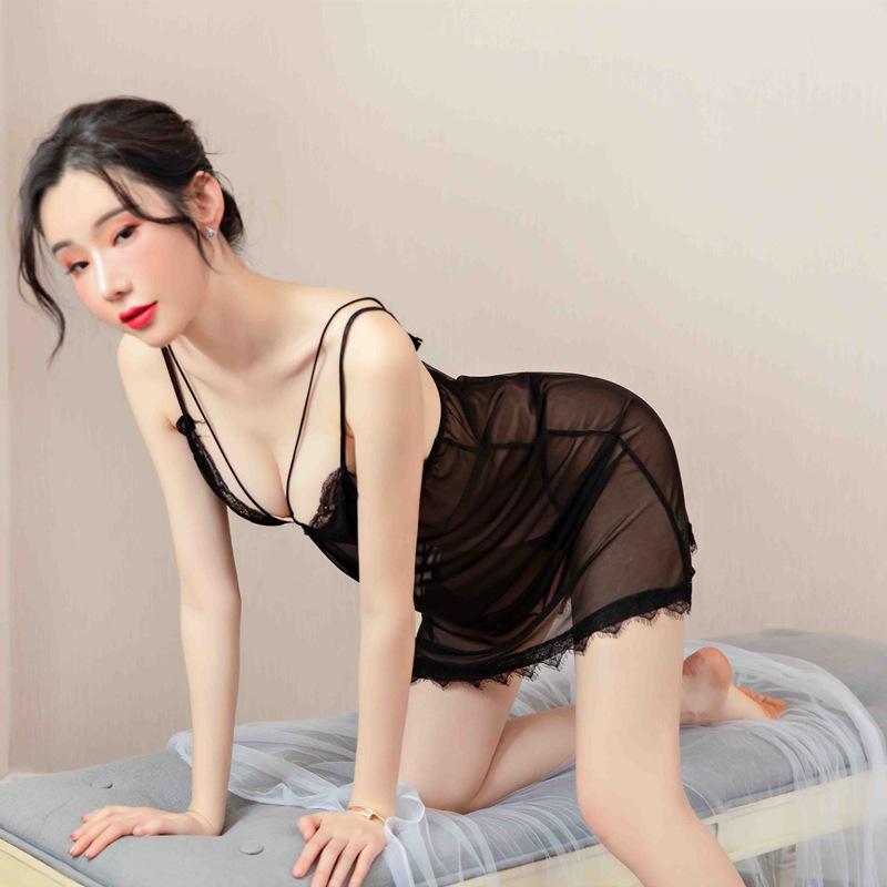 Sexy Lingerie, Female Lace Mesh Suspender Nightgown, Sexy Pajamas Seductive Transparent Uniform