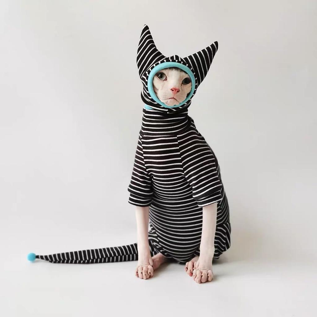Sphynx Cat Clothes Black Stripe Breathable Shirts Suit, Pet Hat and Shirt Set (Medium)