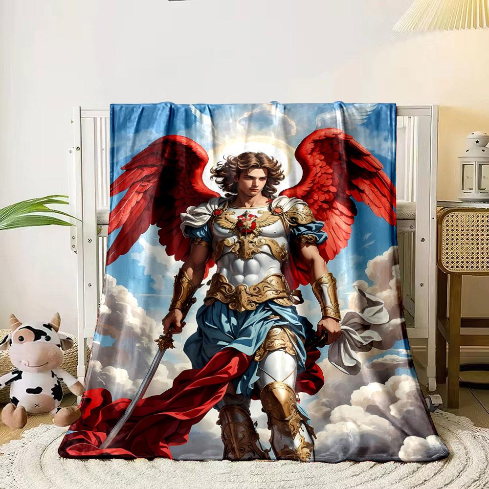 Archangel Michael Winged Warrior Clouds Blanket Bedroom Blanket for Livingroom Couch Lunch Break Soft Throw for Friend's Festival Gift
