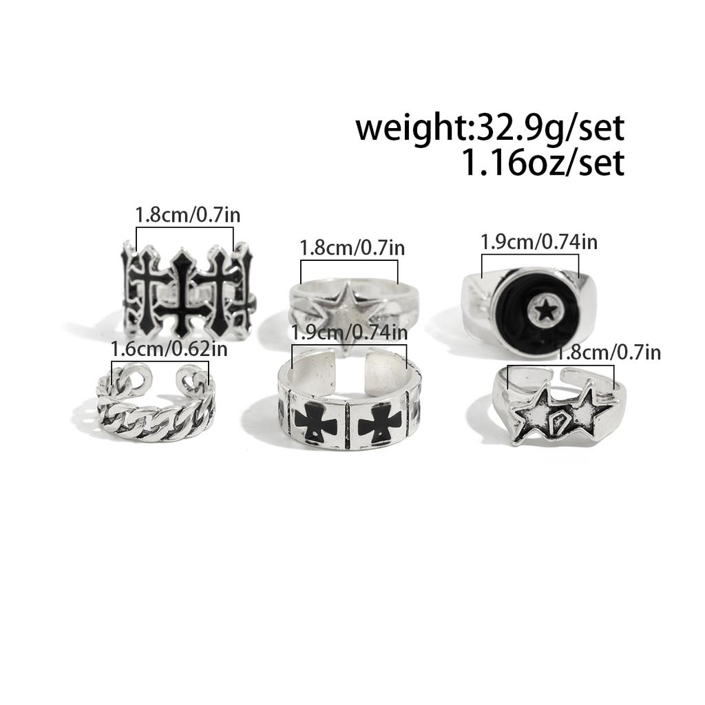 SHIXIN Lot de 6 bagues gothiques ouvertes en forme de croix et d'étoile pour homme, style punk géométrique, larges et ajustables, accessoires de bijoux pour Halloween