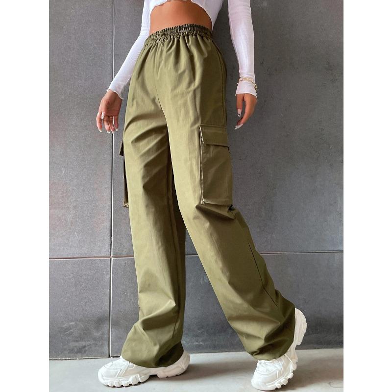 

Fashion Women s Clothing Spring and Summer Explosion Solid Color Elastic Waist Flip Pocket Overalls XXXL армія зелений колір