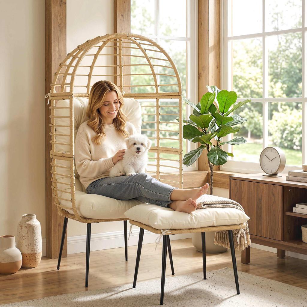 Garden Chair With Ottoman PE Rattan Egg Shape Basket Chair With Long And Thick Cushions Metal Frame Beige