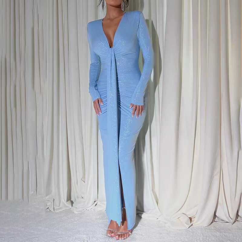 

Fashion New Arrival Fashionable, Elegant and Sexy V Neck Tight Split Dress Sexy V-neck Slip Dress Light Blue S