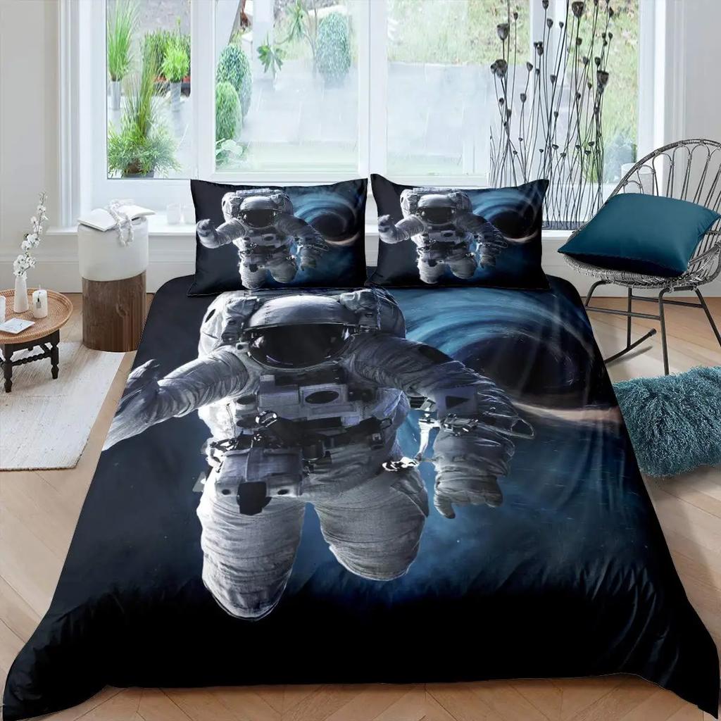 Kids Bedding Decorations, Full Size Astronaut Space Suit Pattern for Boys, Starry Sky Comforter Cover 3 Pcs with 2 Pillow Sham