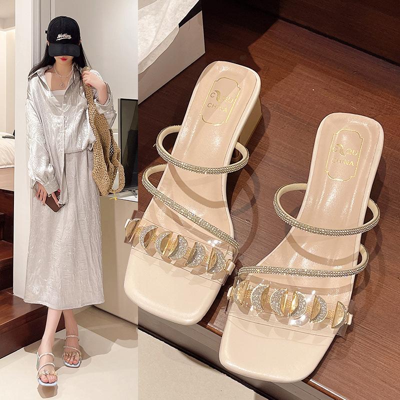 2025 New Women's Fashionable Rhinestone High-heeled Sandals Summer Women's Sexy Sandals Women's Leather Sandals Plus Size
