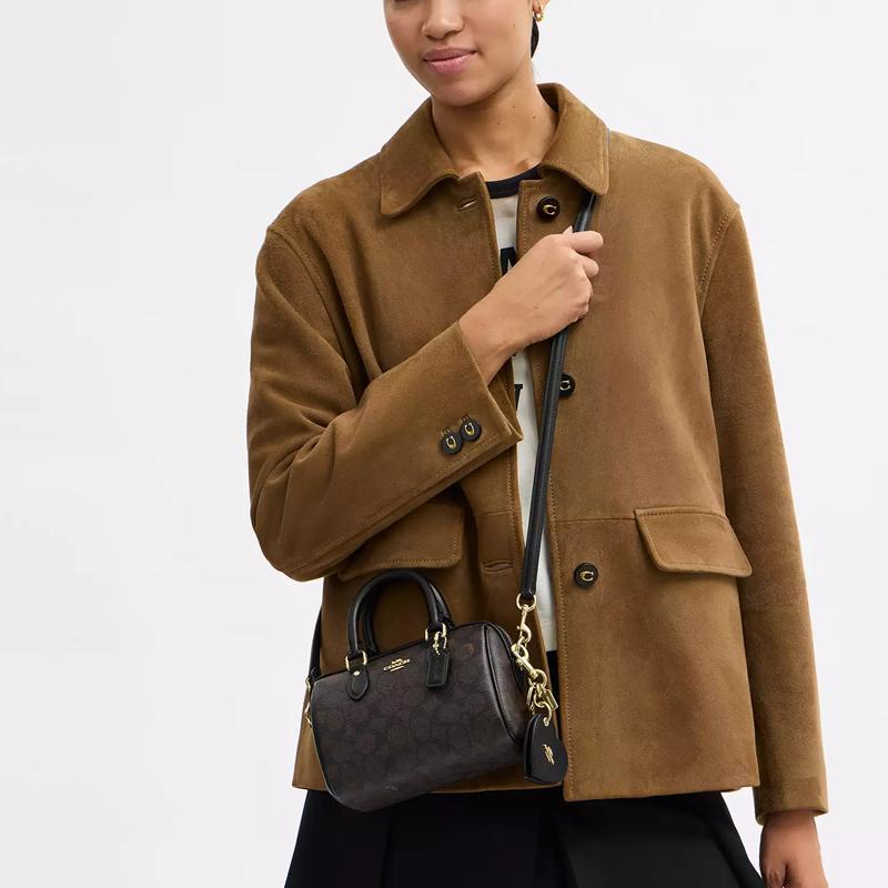 Coach Brown Signature Canvas Mini Boston Duffle Bag with Heart Charm & Gold Hardware for Daily Use