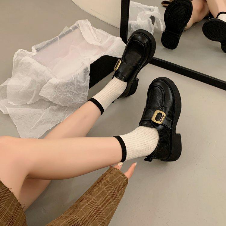 Platform loafers women's 2025 autumn new thick heel black small leather shoes medium heel British style one-pedal single shoes