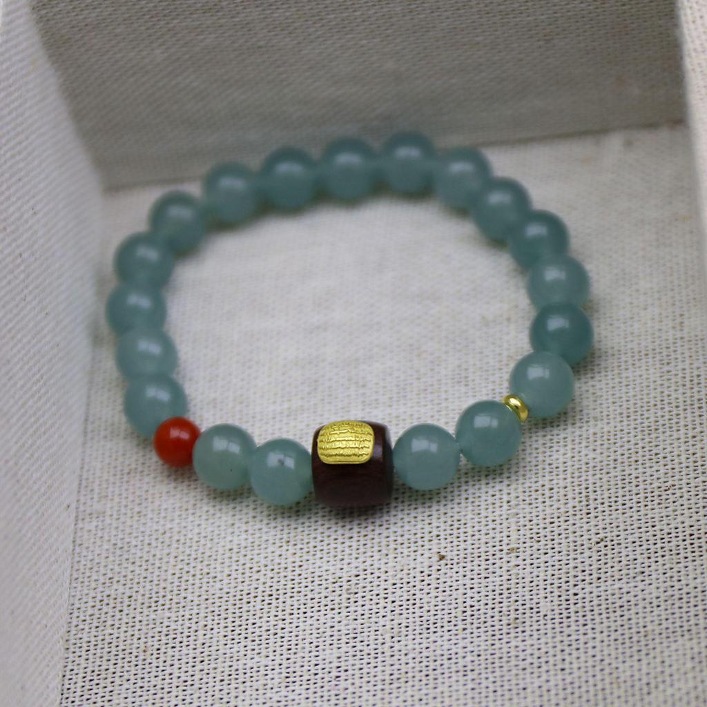 2025 Stylish Blue Jade & Nanhong Sandalwood Inscribed Beaded Bracelet for Women