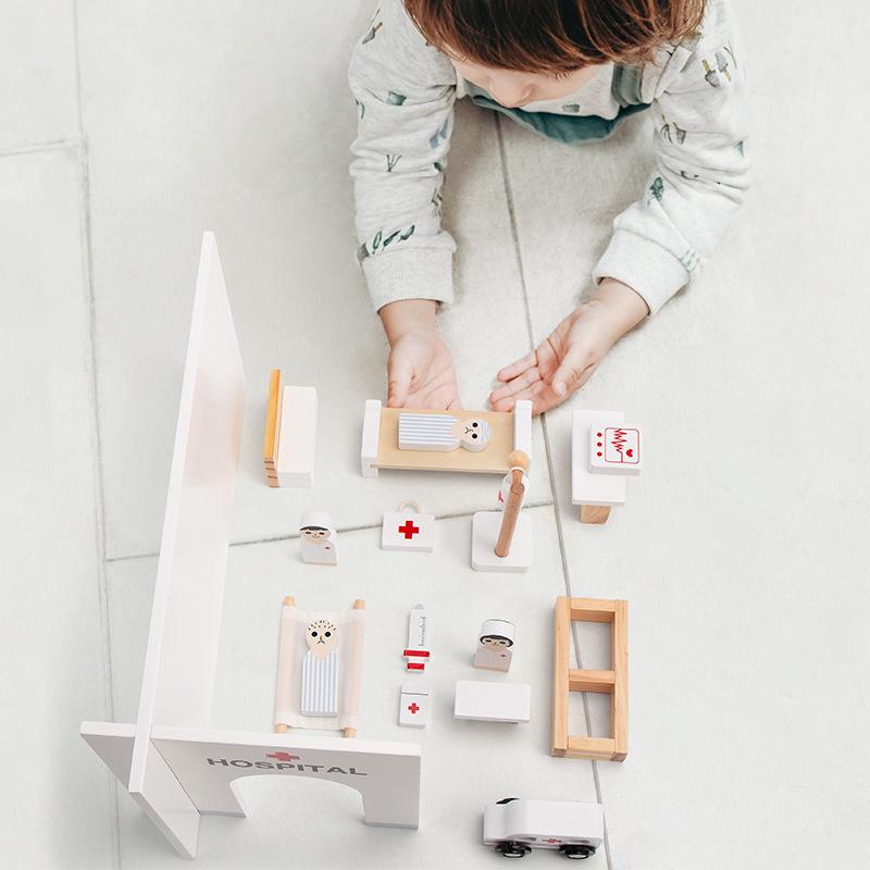 Conjunto de Brinquedo de Casa de Brincar de Simulação de Madeira para Crianças Hospital Role Play Doutor Jardim de Infância Educação Infantil Interação Pai-filho