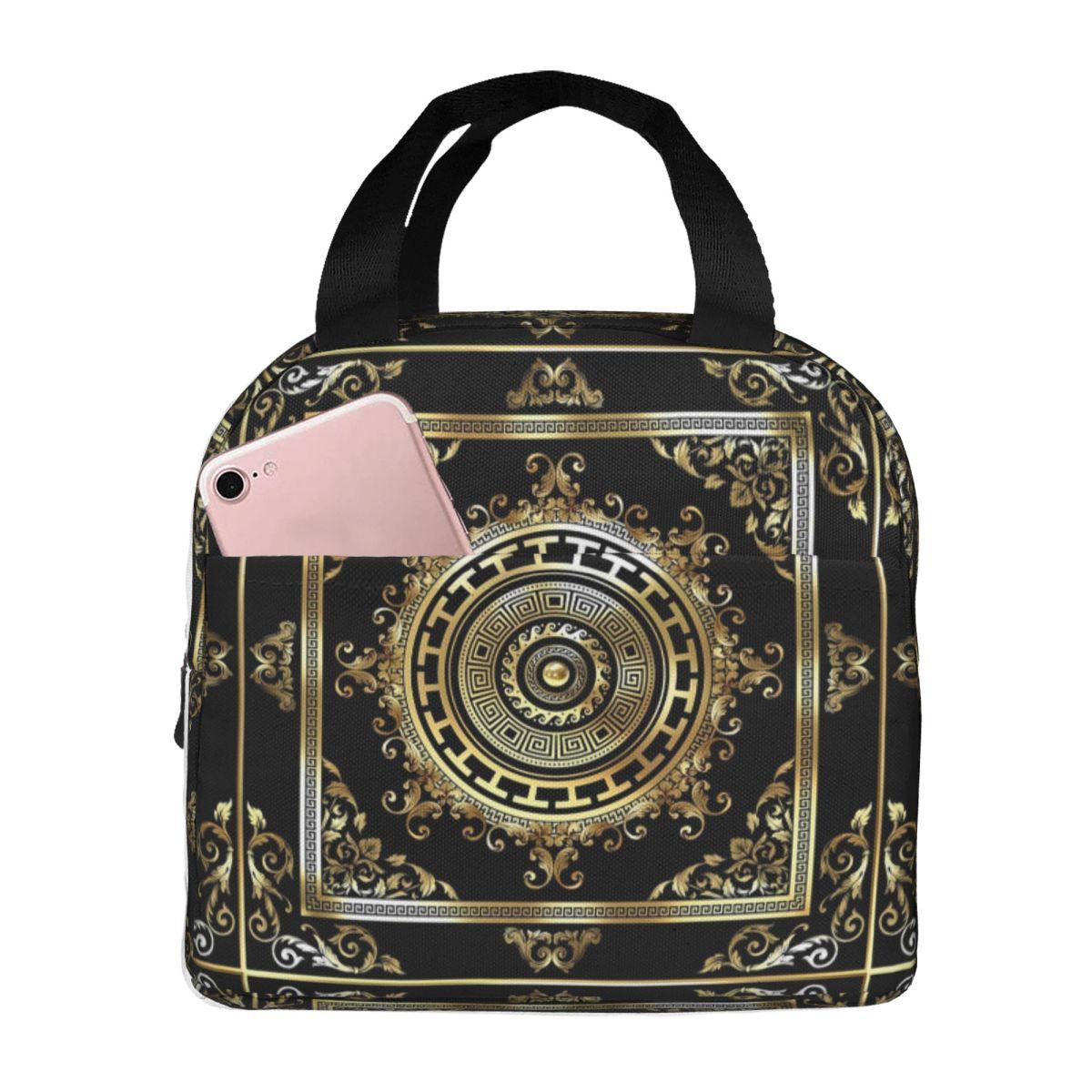 Greek Keys Black Gold Medallion Meander Baroque Insulated Lunch Bag for Women Children Food Boxes Thermal Lunch Box Tote One Size