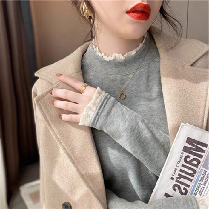 Women's Velvet Lace Half-High Collar Shirt: Stylish, Warm, Long-Sleeved Top for Spring, Autumn, Winter 2026