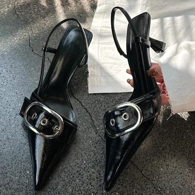 Fashion Fashion Metal Buckle Pumps Women High Quality Patent Leather Slingback Kitten Heel Slide Sandals Elegant Banquet Dress Shoes