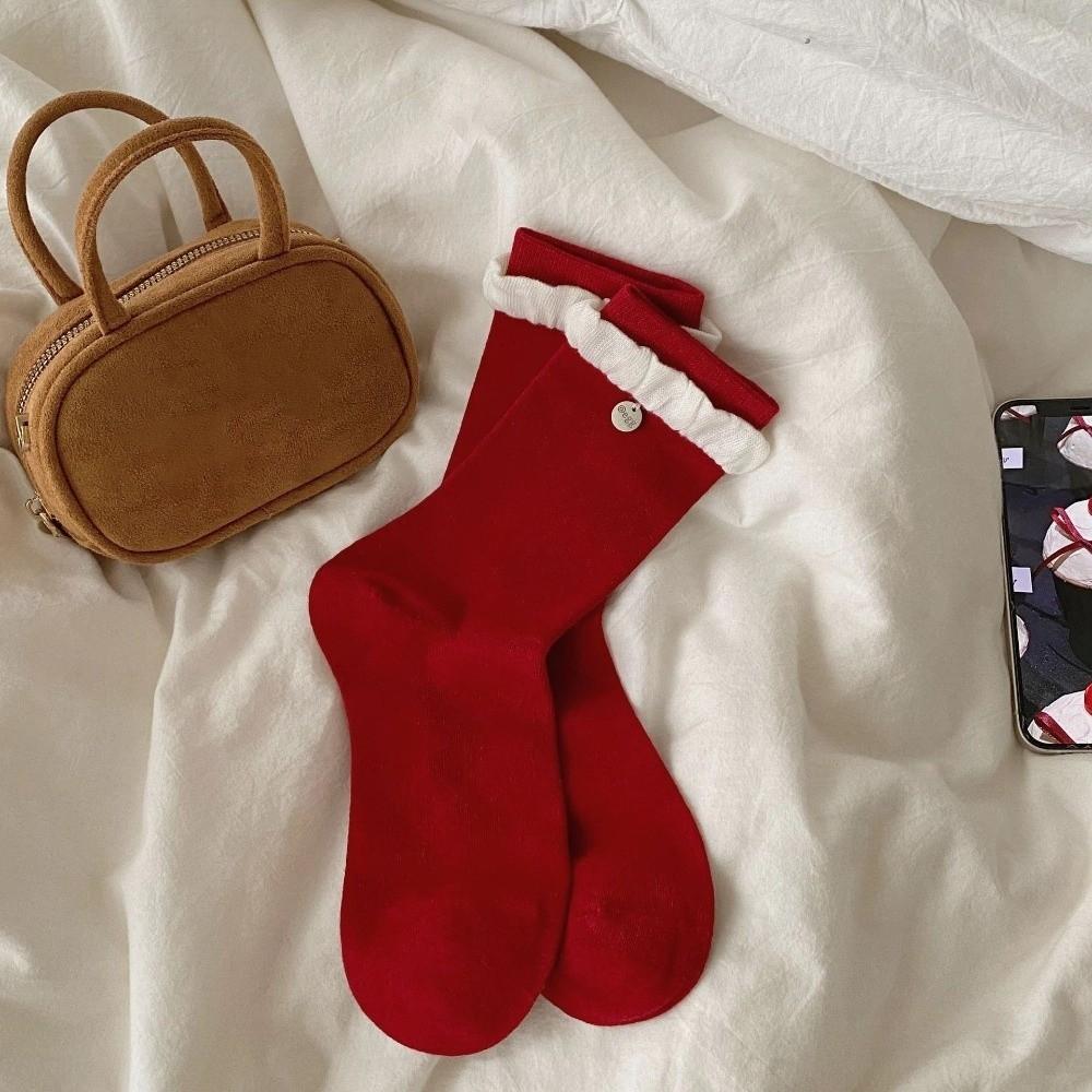 Cotton Sweet Girl Socks Double Layer Mid Tube Socks Festive Boneless Socks New Year