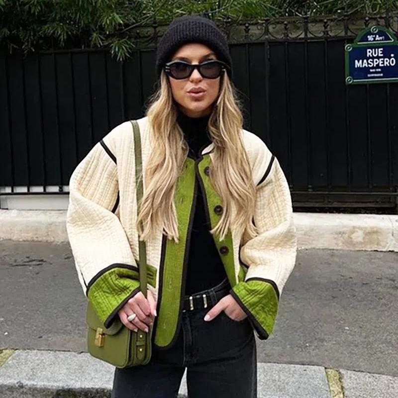 Women’s Quilted Jacket Lightweight Long Sleeve Color Block Padded Puffer Coat Outerwear