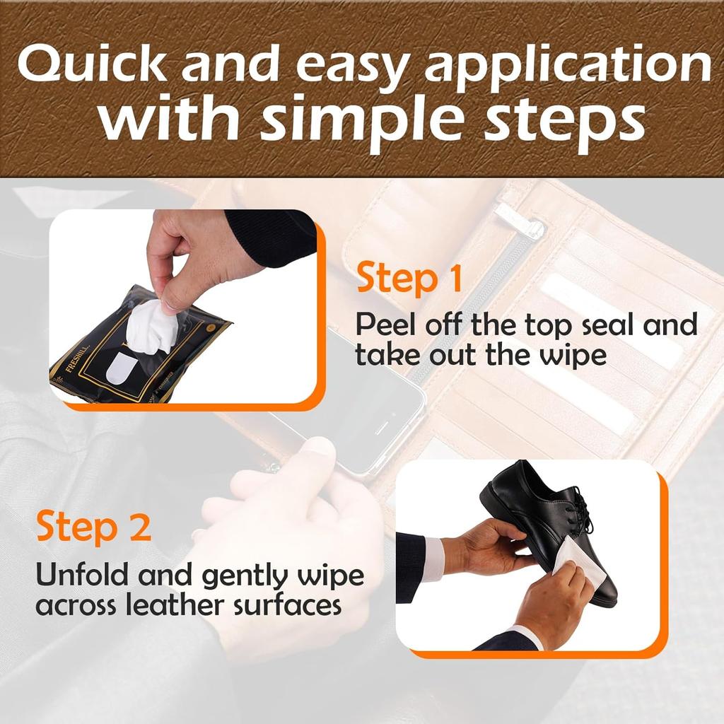 Leather Cleaner Wipes with Conditioner for Shoes, Boots, Purses,Couch,Furniture Polish & Car Interior, Prevents Fading & Cracking, Cleaning Wipes for