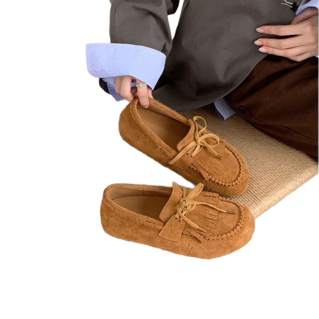 New Retro Tassel Strap Loafers Women's Versatile One-pedal Doudou Shoes Single Shoes Flat-soled Small Leather Shoes Tide