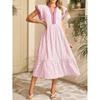 European and American fashion new women's striped double frilly short-sleeved contrasting color V-neck skirt