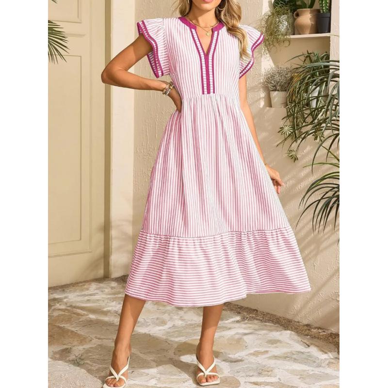 European and American fashion new women's striped double frilly short-sleeved contrasting color V-neck skirt