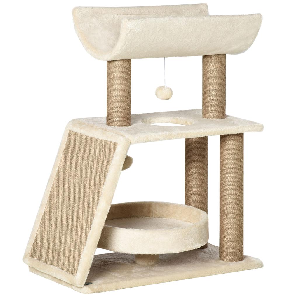 Cat Tree Tower, with Scratching Posts, Pad, Bed, Perch, Toy Ball - Light Brown