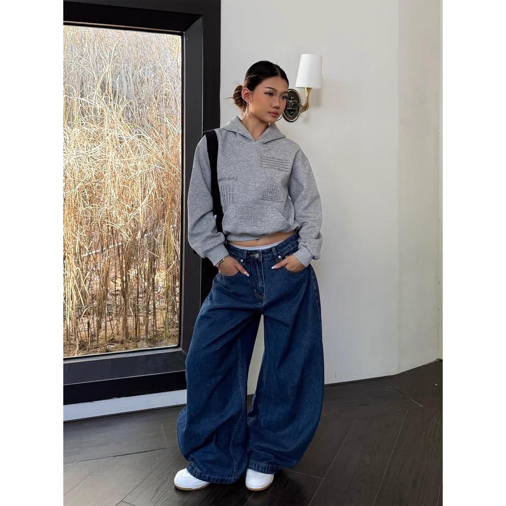 Retro Loose Embroidered Casual Women Jeans Fashion Streetwear Straight Wide Leg Long Pants