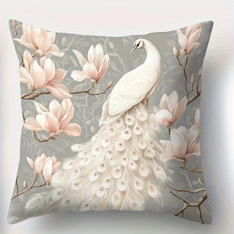 White Peacocks and Magnolia Blossoms Doublesided Printed Pillow Cover Short Plush Suitable Living Room Sofa Throw Cushion Cover