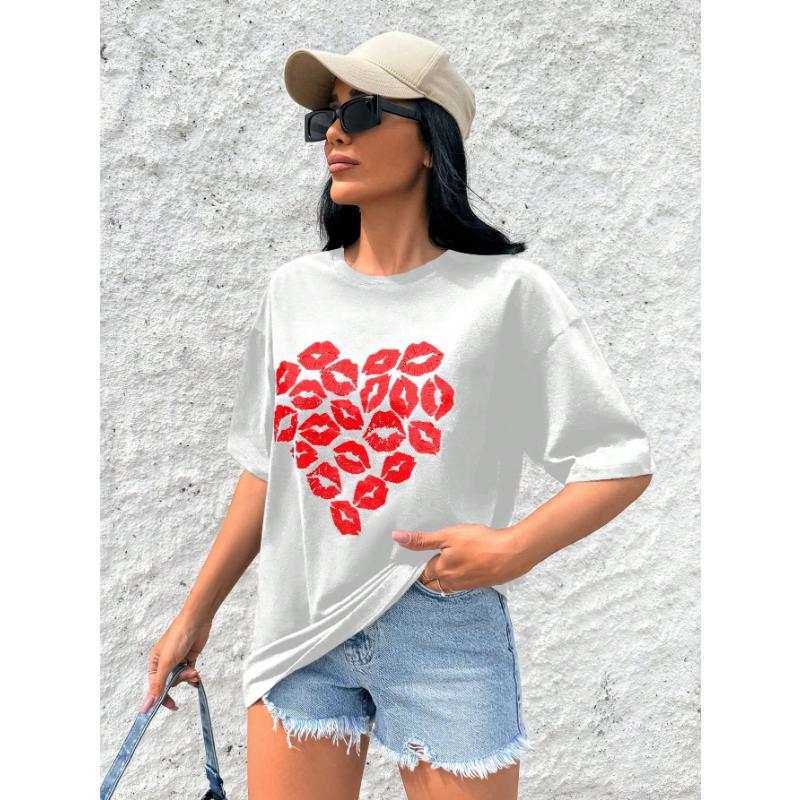 Heart To Heart  Print Casual  Oversized Round Neck T-Shirt