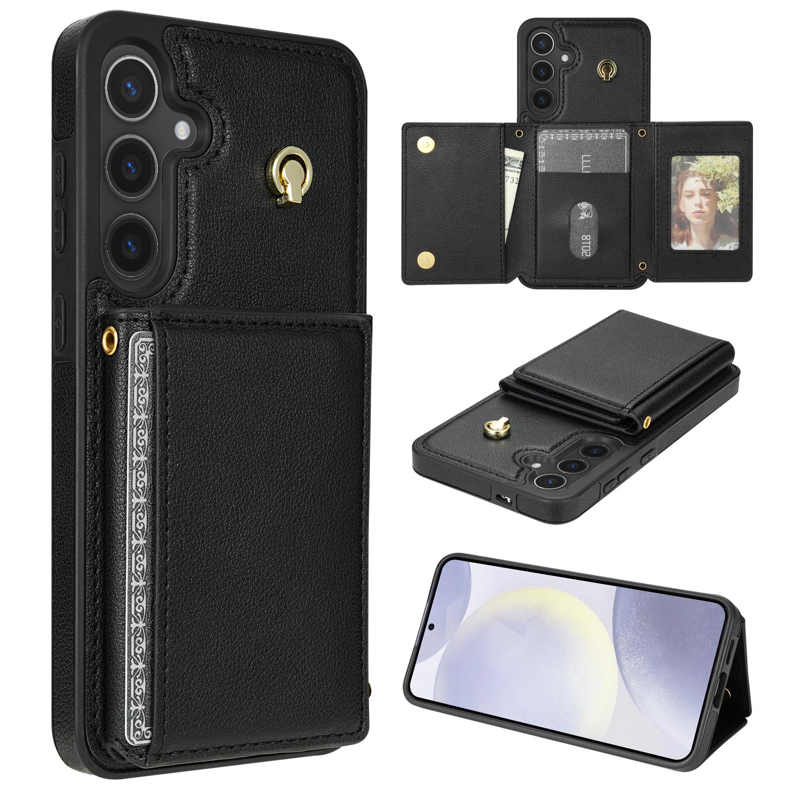 

For Samsung Galaxy A16 4G/5G Case Tri-Fold Card Holder Kickstand TPU+Leather Back Cover with Shoulder Strap Black