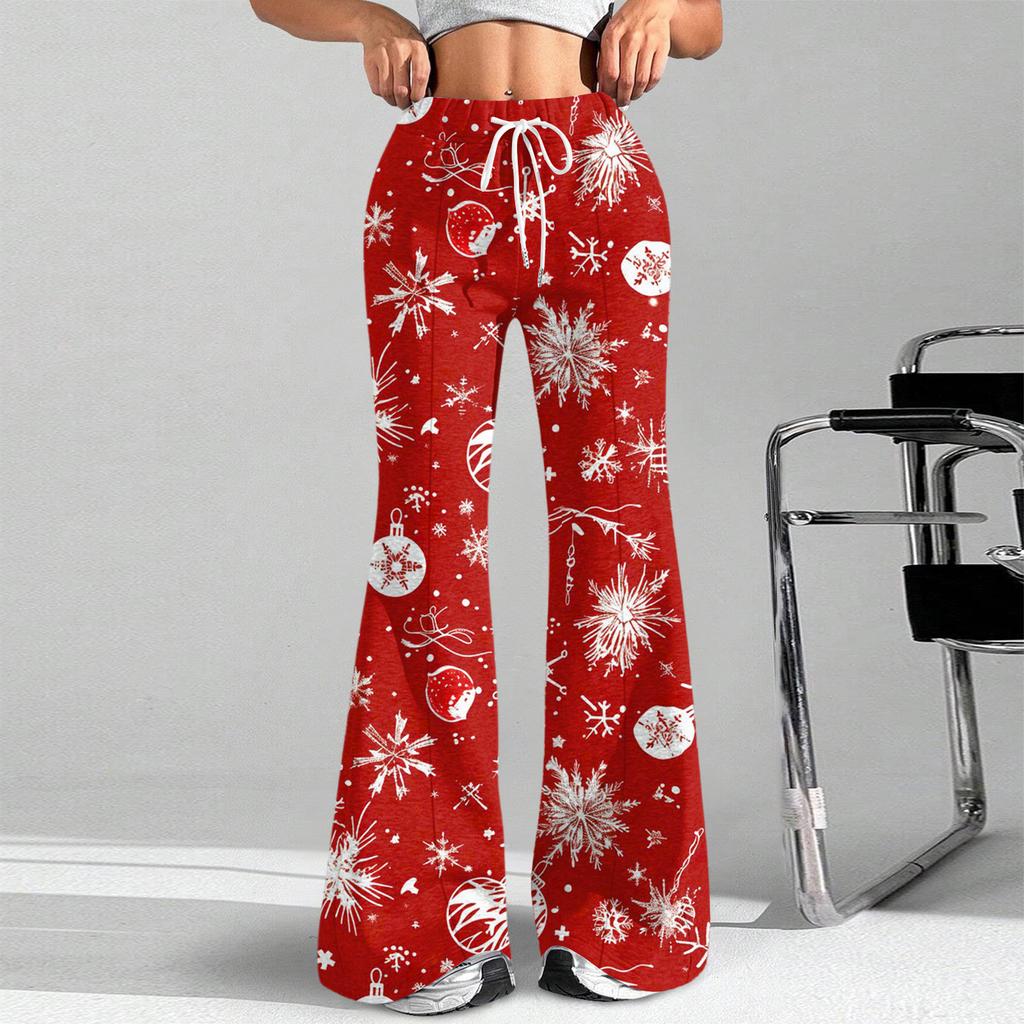 Women's Fashion Loose Drawstring Waist Christmas Plaid Printed Casual Sports Pants Casual Flared Pants