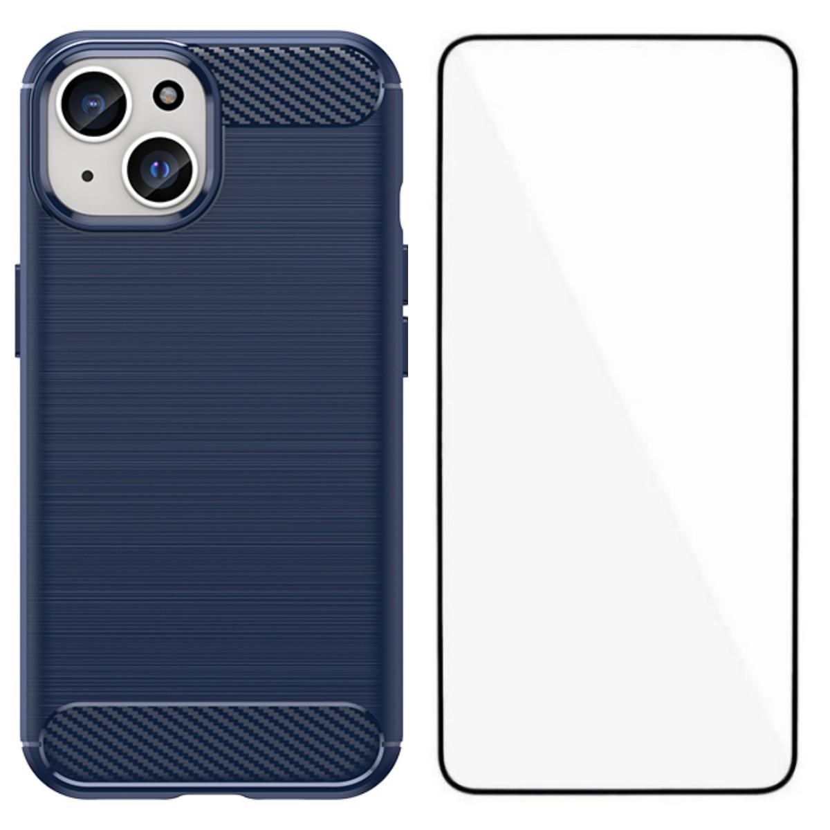 

For iPhone 15 Case with Screen Film WANLONFENG LS Series Big Lens Hole Brushed Texture TPU Phone Cover Blue