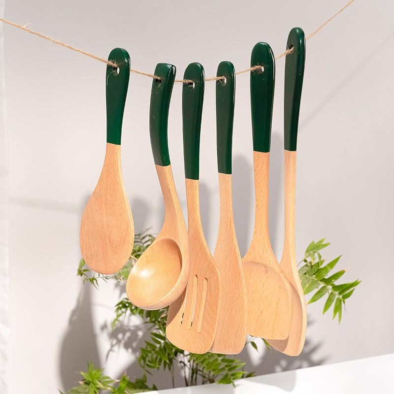 Dunkelgrün Langer Griff Holz Kochküchenutensil Antihaft Pfannenwender Hitzebeständig Suppenlöffel Utensil Küchenzubehör