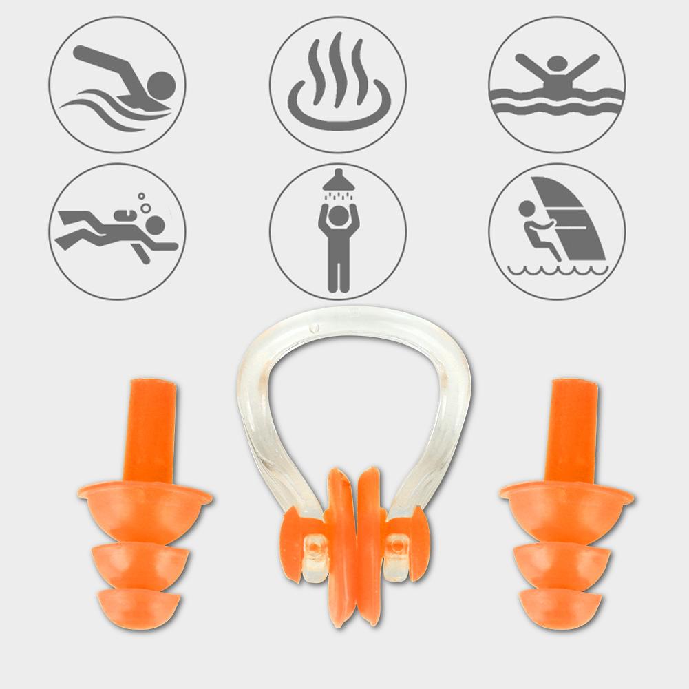 4 Stück Wasserdichte Weiche Silikon Schwimm-Ohrstöpsel Ohrenschützer Nasenklammern Klemmen Set Werkzeuge(Orange)