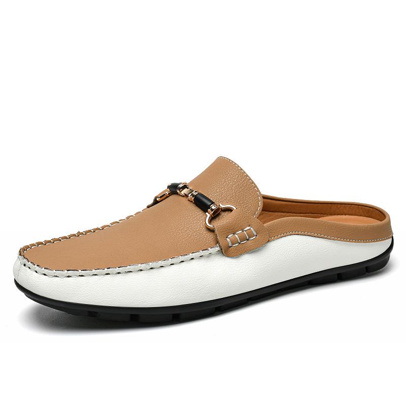 Men s Summer Backless White Skate Shoes: Soft Sole Cowhide Slip-on Half Sandals 45