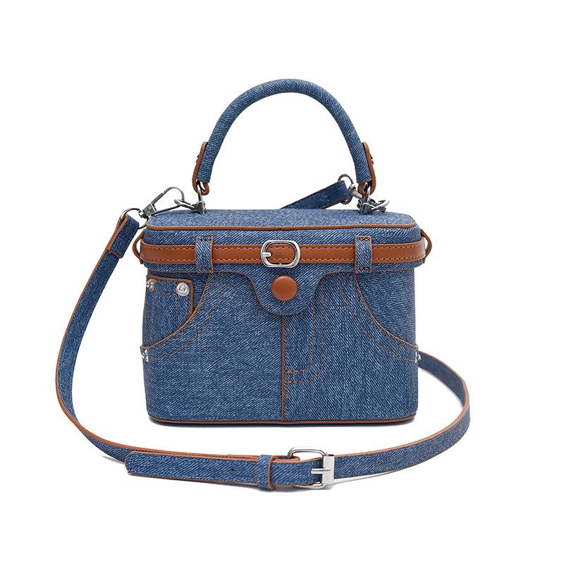 Niche Design Bag Women's New Fashion Denim Splicing Shoulder Messenger Bag Trendy Simple Small Square Bag