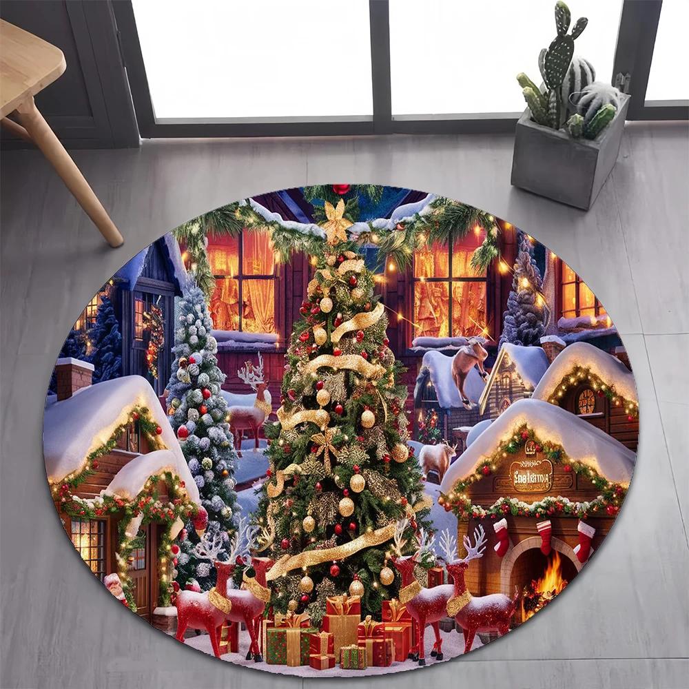 

Christmas Night Round Carpet Mat Santa Reindeer Sleigh Pattern Rug Soft Home Decoration for Holiday Party Living Room Decor 40x40cm