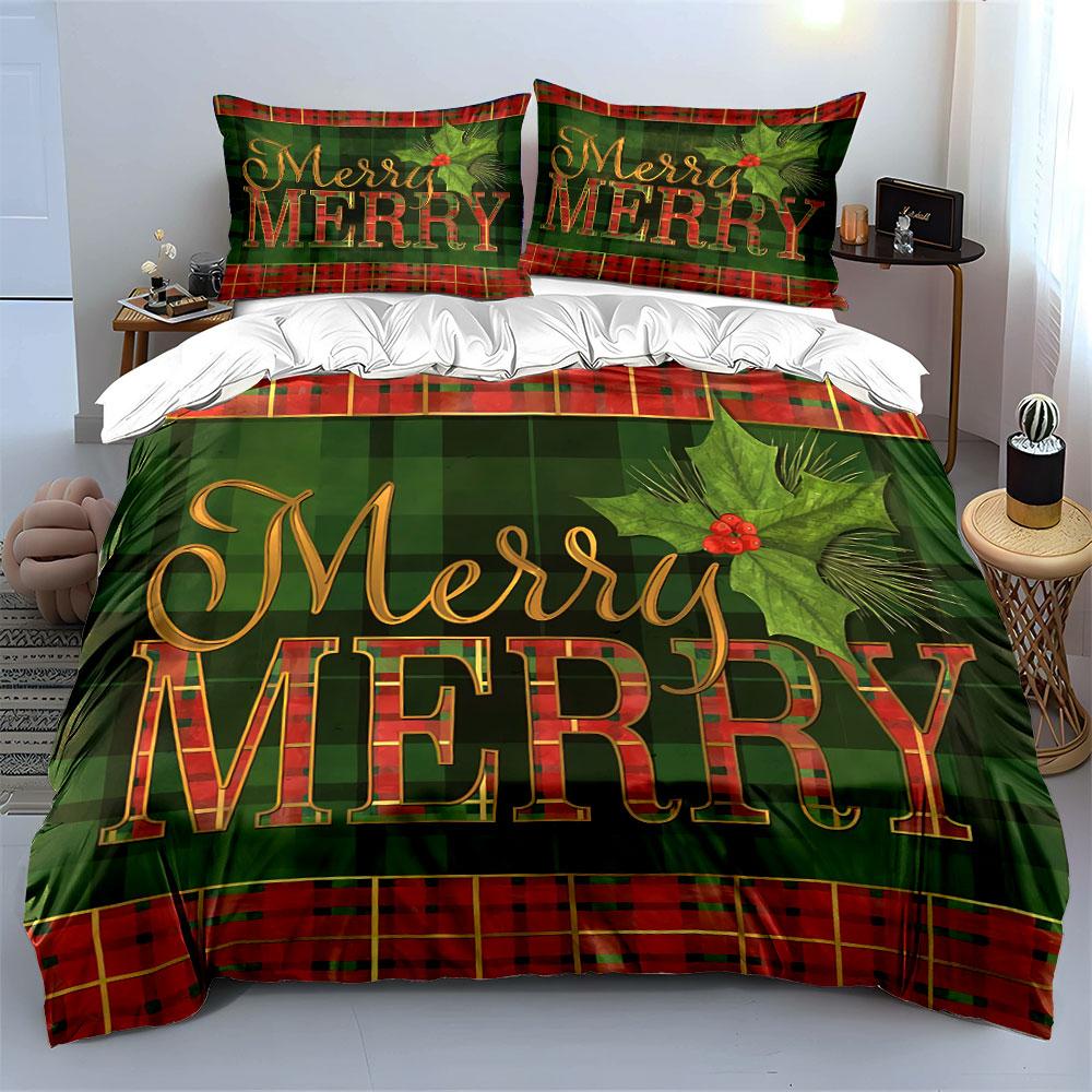 Plaid Merry Christmas Design Bedding Duvet Cover Set Duvet Cover Pillowcases  (1*Duvet Cover 2*Pillowcases, without duvet insert)