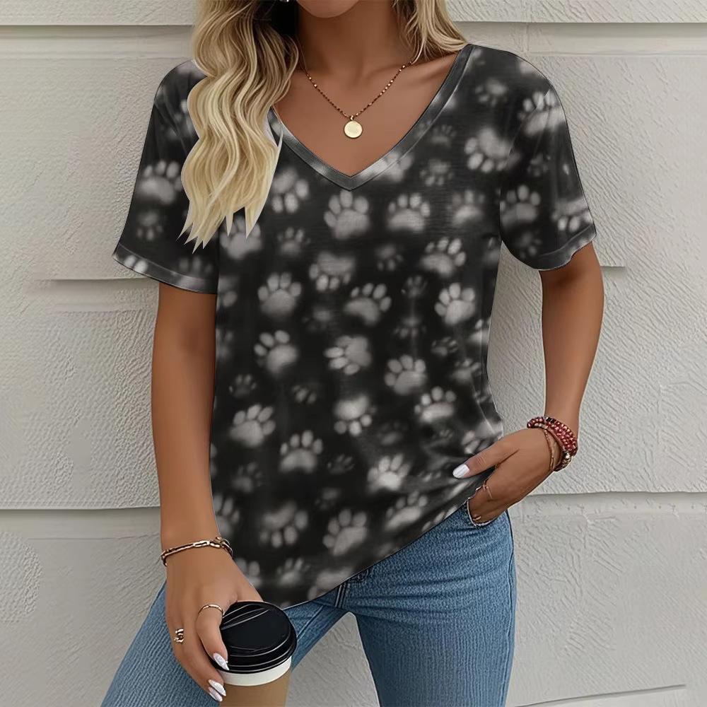 Summer V-neck 3D Printed Cat's Paw Pattern Top Fashionable Casual Short Sleeved Women's T-shirts