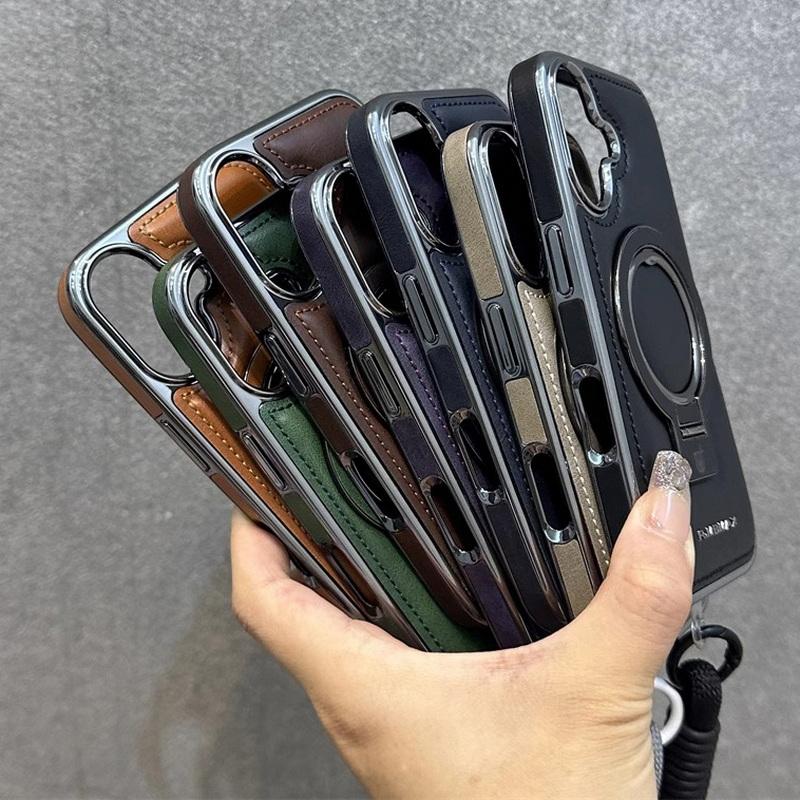 Obchodní kožené pouzdro s magnetickým držákem pro iPhone 16 Pro Max 15 Pro 14 13 12 Luxury Lanyard Shockproof for Magsafe Stand Phone Cover