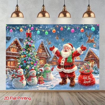 2D Cartoon Santa Christmas Backdrop with Colorful Lights & Snow Scene